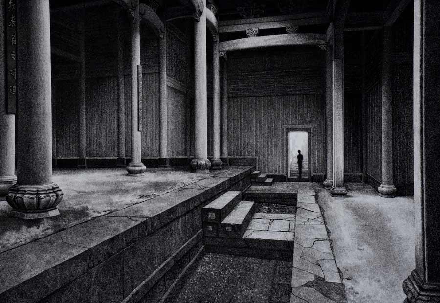 A 2016 pen-and-ink painting by Liu Kai shows the interior of a traditional Chinese building. (Photo provided to chinadaily.com.cn)