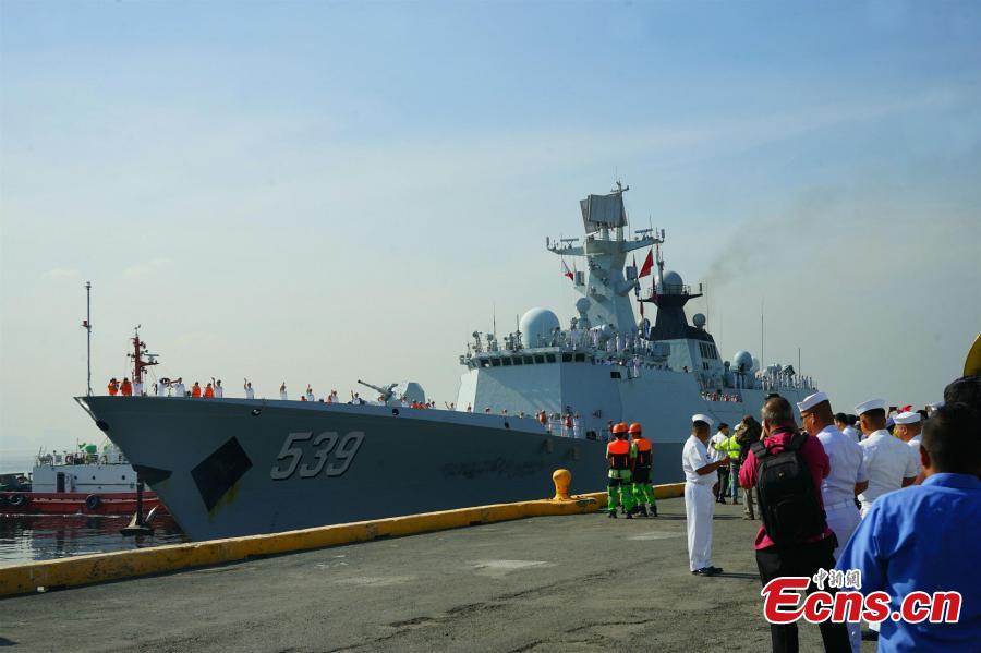 Chinese sailors aboard the guided-missile frigate Wuhu (539) stand in formation as it docks in Manila, January 17, 2019. A Chinese naval task group consisting of two frigates - the Wuhu 539 and Handan 579 - and a replenishment ship Dongpinghu (960) arrived for a four-day goodwill visit. The last visit to the Philippines by the Chinese navy was in April 2017.  (Photo/China News Service)