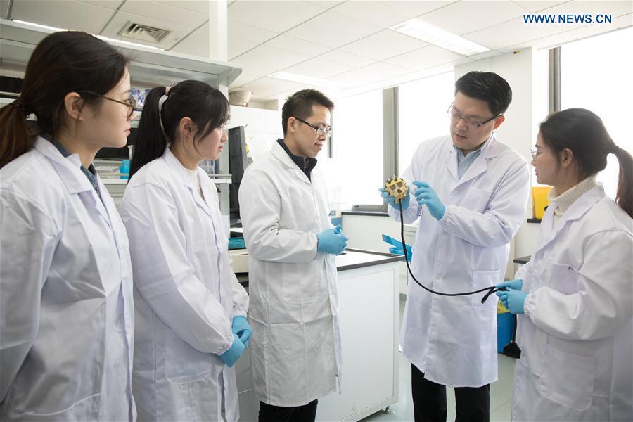 Researcher Zhang Hongjun (2nd R) discusses the experimental design with his team members at a laboratory of the Institute of Neuroscience of Chinese Academy of Sciences in Shanghai, east China, Jan. 22, 2019. China has cloned five monkeys from a gene-edited macaque with circadian rhythm disorders, the first time multiple monkeys have been cloned from a gene-edited monkey for biomedical research. Scientists made the announcement Thursday, with two articles published in National Science Review, a top Chinese journal in English. The cloned monkeys were born in Shanghai at Institute of Neuroscience of Chinese Academy of Sciences. (Xinhua/Jin Liwang)