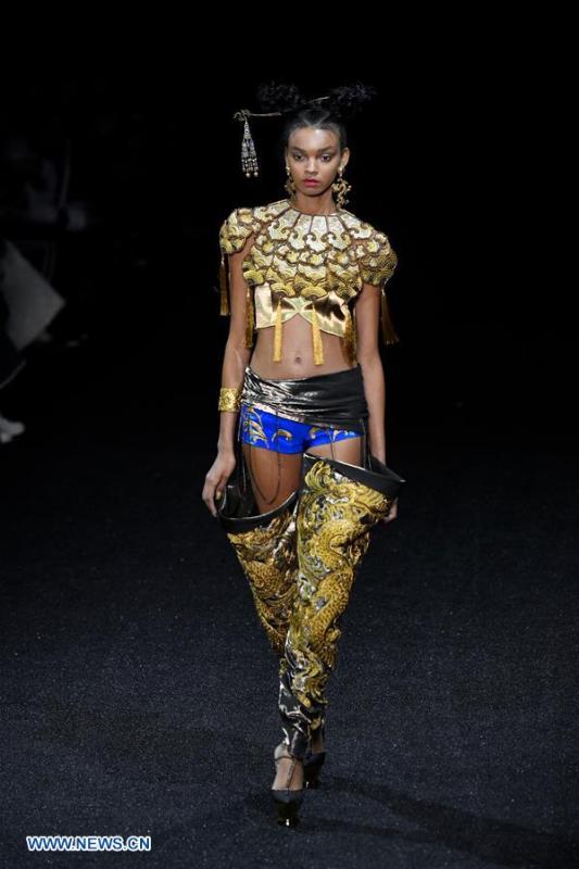 A model presents a creation of Guo Pei during the Haute Couture 2019 Spring/Summer collection shows in Paris, France, on Jan. 23, 2019. (Xinhua/Piero Biasion)