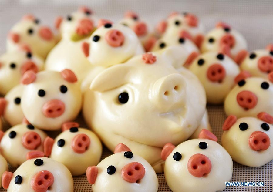 Buns shaped in pigs made by villagers are shown to greet the lunar New Year in Shengjiazhuang Village, Jiaozhou City of east China\'s Shandong Province, Jan. 24, 2019. (Xinhua/Wang Zhaomai)