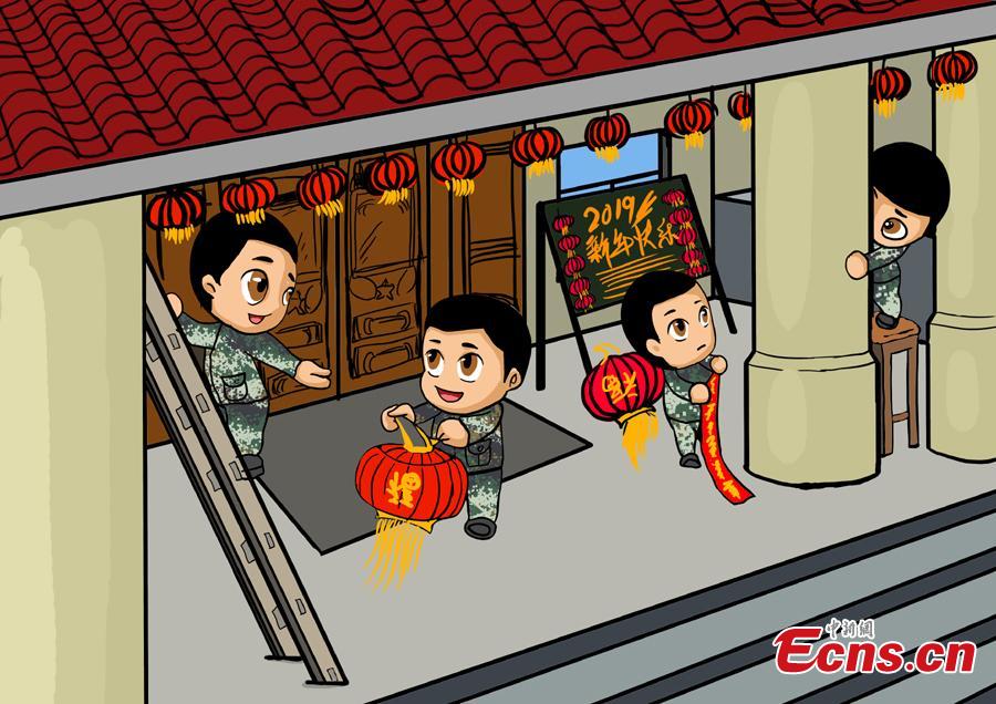 Cartoons created by armed police are on display to celebrate the Spring Festival, China’s Lunar New Year on Feb. 5. The drawings featured traditional Chinese culture and customs including dragon dance and making dumplings. (Photo: China News Service/Luo Qiuyang)