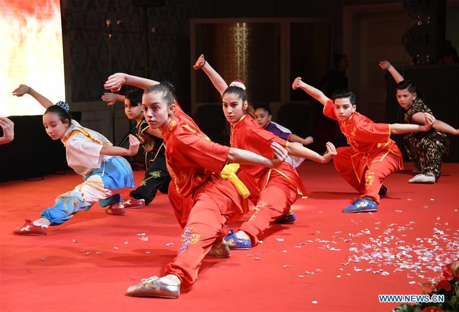 Martial arts fans perform Chinese Kung Fu during a gala held by the Chinese Consulate-General in Istanbul to greet the upcoming Chinese Lunar New Year in Istanbul, Turkey, Jan. 31, 2019. (Xinhua/Xu Suhui)
