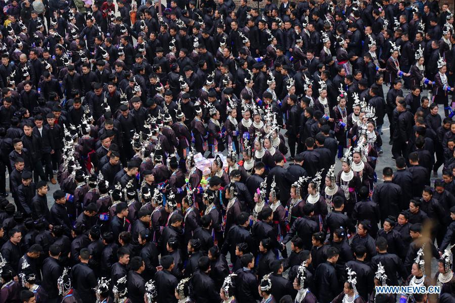 People of Dong ethnic group perform during the Spring Festival holiday in Dingdong Village of Qiandongnan Miao and Dong Autonomous Prefecture, southwest China\'s Guizhou Province, Feb. 8, 2019. (Xinhua/Long Linzhi)