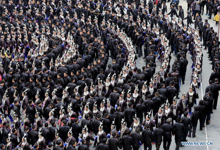 People of Dong ethnic group perform during the Spring Festival holiday in Dingdong Village of Qiandongnan Miao and Dong Autonomous Prefecture, southwest China\'s Guizhou Province, Feb. 8, 2019. (Xinhua/Long Tao)