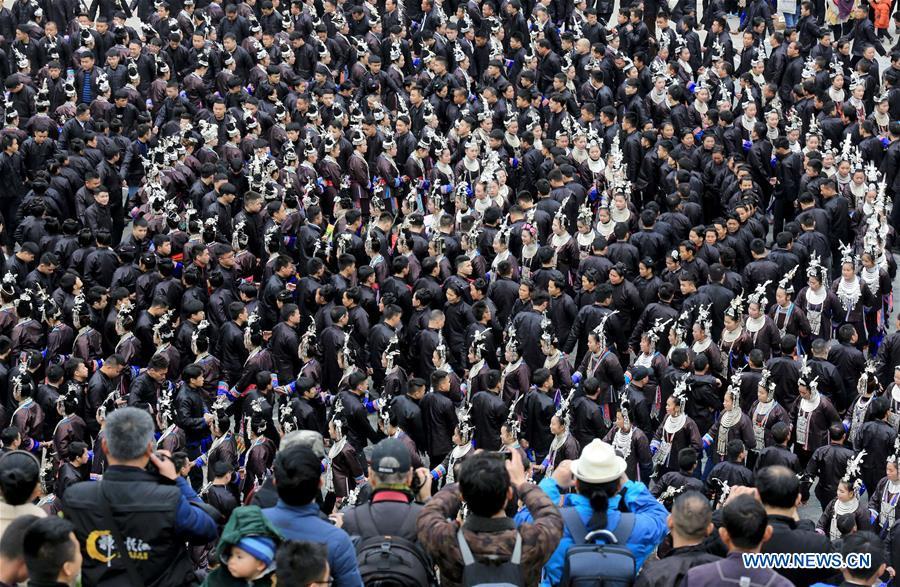 People of Dong ethnic group perform during the Spring Festival holiday in Dingdong Village of Qiandongnan Miao and Dong Autonomous Prefecture, southwest China\'s Guizhou Province, Feb. 8, 2019. (Xinhua/Long Tao)