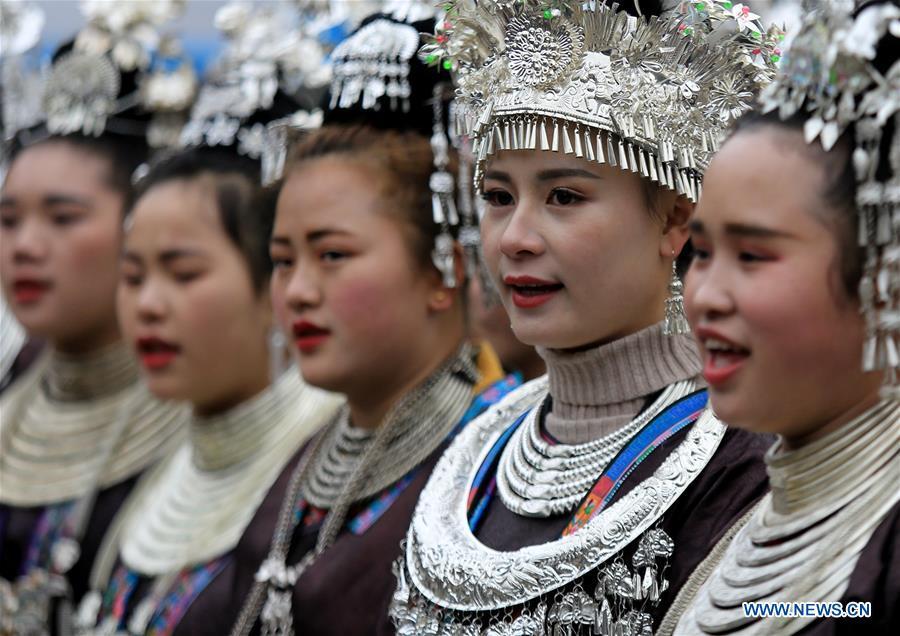 People of Dong ethnic group perform during the Spring Festival holiday in Dingdong Village of Qiandongnan Miao and Dong Autonomous Prefecture, southwest China\'s Guizhou Province, Feb. 8, 2019. (Xinhua/Long Tao)