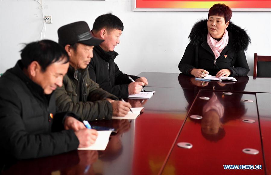 Ge Shuqin(R), deputy to the 13th National People\'s Congress, takes part in a meeting with other village cadres in Xiangyangzhuang Village, Tangyin County of Central China\'s Henan Province, Feb. 14, 2019. As a secretary of the Communist Party of China local branch in Xiangyangzhuang Village, Ge has sticked to her position for over 30 years and devoted herself to leading villagers to make a good living. (Xinhua/Li An)