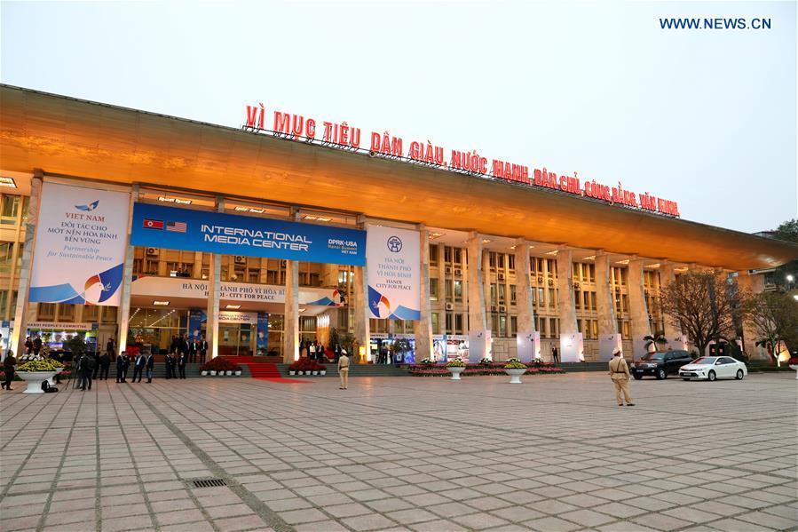 Photo taken on Feb. 24, 2019 shows the exterior of the International Media Center for the second summit between the Democratic People\'s Republic of Korea (DPRK) and the United States in Hanoi, Vietnam. The second DPRK-U.S. summit is scheduled to be held in Hanoi on Feb. 27-28. (Xinhua/Wang Di)