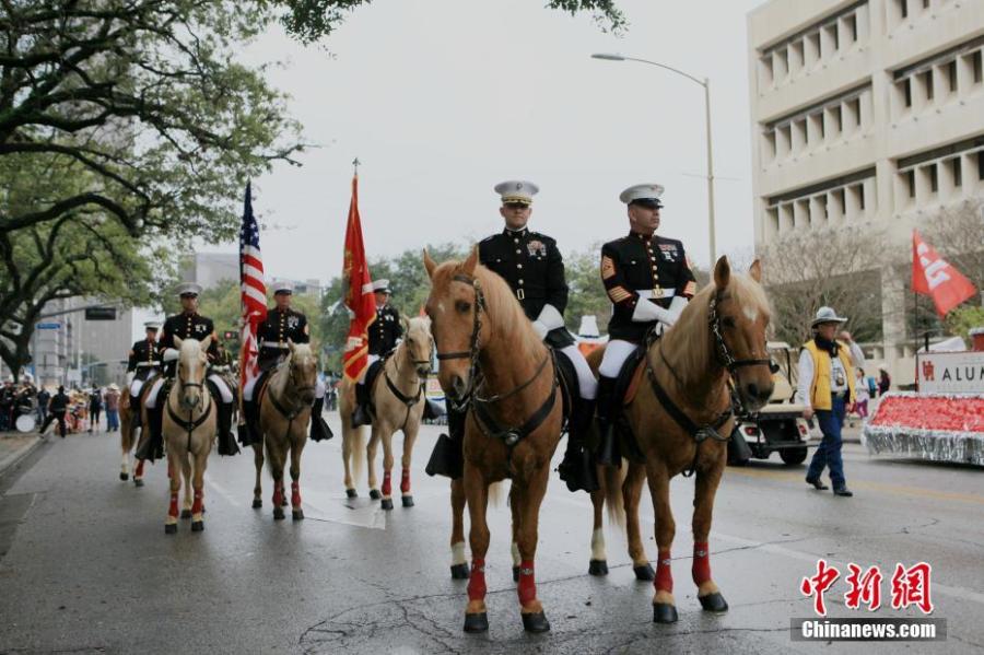 The Downtown Rodeo Parade in Houston, U.S., Feb. 23, 2019. The annual event celebrates Western heritage and marks the beginning of the Houston Livestock Show and Rodeo season, a tradition since 1938. (Photo: China News Service/Li Ang)