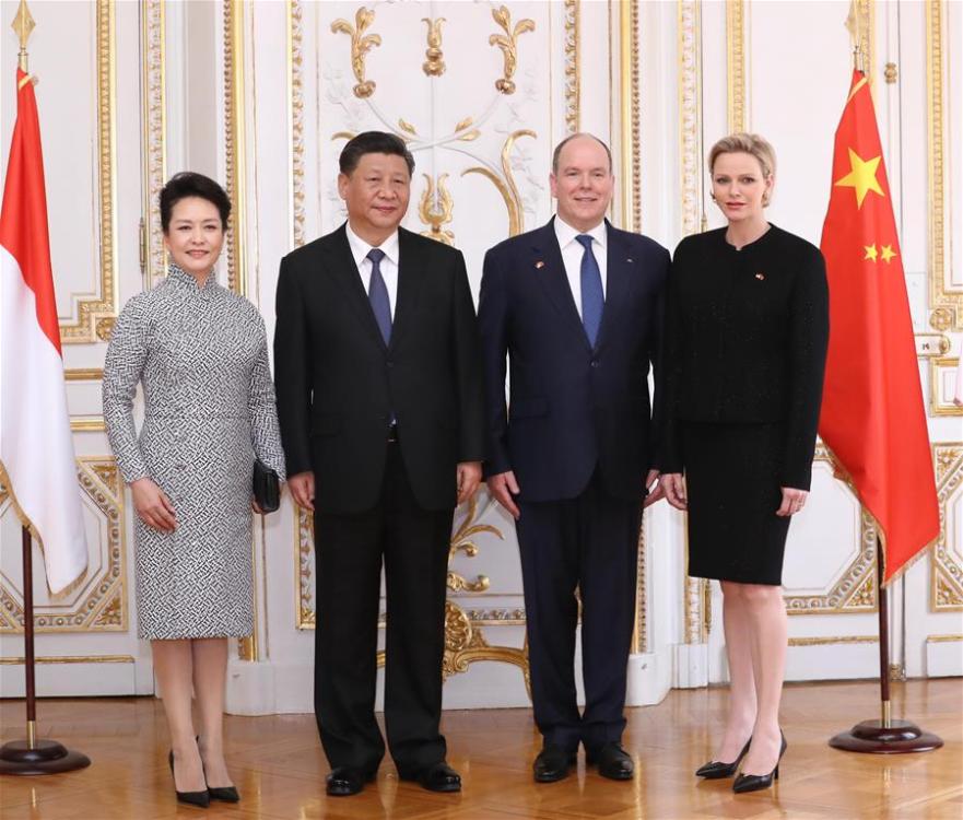 Chinese President Xi Jinping attends a grand welcome ceremony held by Prince Albert II, head of state of the Principality of Monaco, before their talks in Monaco, March 24, 2019. (Xinhua/Wang Ye)