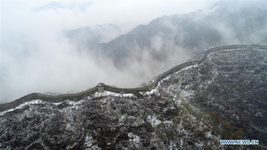 Aerial photo taken on April 9, 2019 shows the snowy scenery of the Mutianyu Great Wall in Beijing, capital of China. (Xinhua/Bu Xiangdong)