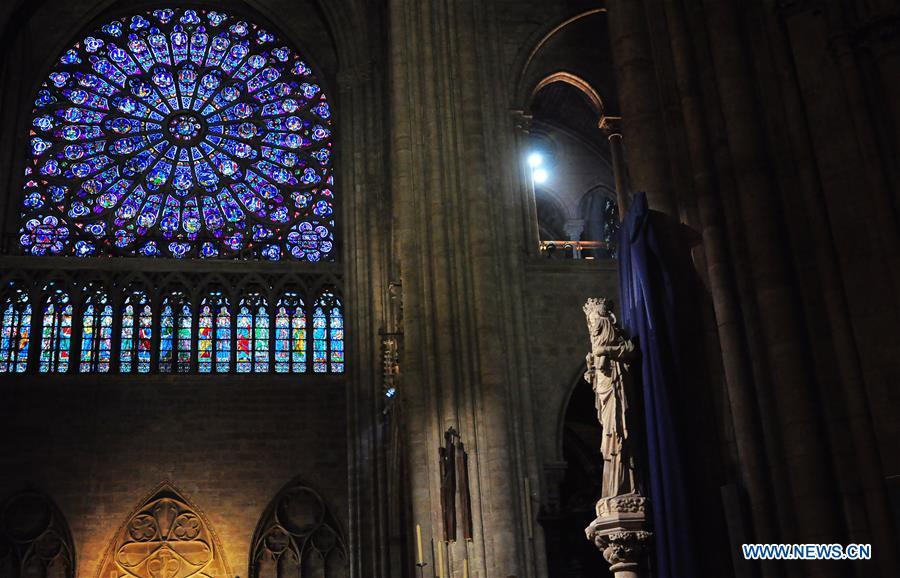 File photo taken on Oct. 11, 2013 shows the interior of the Notre Dame Cathedral in Paris, France. The devastating fire at Notre Dame Cathedral in central Paris has been put out after burning for 15 hours, local media reported on April 16, 2019. In early evening on April 15, a fire broke out in the famed cathedral. Online footage showed thick smoke billowing from the top of the cathedral and huge flames between its two bell towers engulfing the spire and the entire roof which both collapsed later. Notre Dame is considered one of the finest examples of French Gothic architecture which receives about 12 million visitors every year. (Xinhua/Liu Xiao)