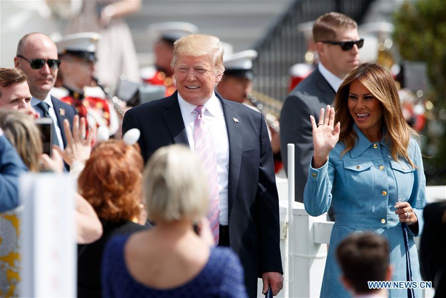 U.S. President Donald Trump (central L) and First Lady Melania Trump (central R) attend the annual Easter Egg Roll at the White House in Washington D.C., the United States, on April 22, 2019. White House Easter Egg Roll was held on the South Lawn on Monday as the annual tradition entered its 141st year. (Xinhua/Ting Shen)