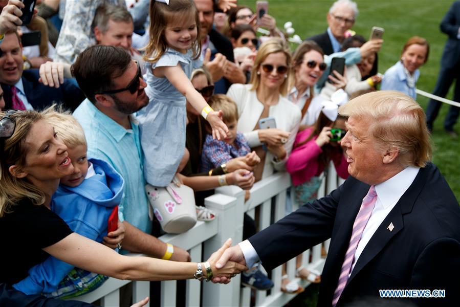 U.S. President Donald Trump (front R) attends the annual Easter Egg Roll at the White House in Washington D.C., the United States, on April 22, 2019. White House Easter Egg Roll was held on the South Lawn on Monday as the annual tradition entered its 141st year. (Xinhua/Ting Shen)