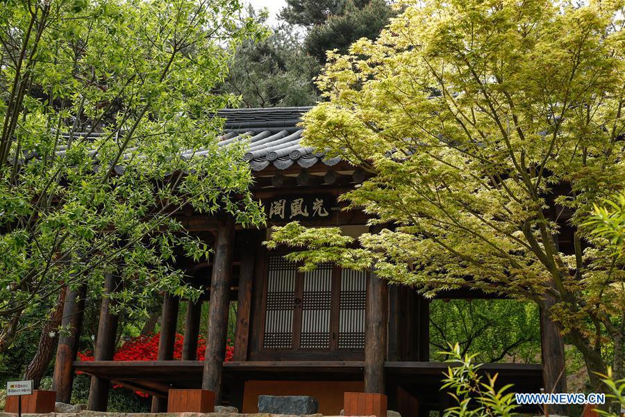 Photo taken on April 20, 2019 shows a view of the Korean garden at Suncheon Bay National Garden in Suncheon, South Korea. The Suncheon Bay National Garden, located in South Korea\'s southern city of Suncheon, is the hosting place of Suncheon Bay Garden Expo 2013. (Xinhua/Wang Jingqiang)