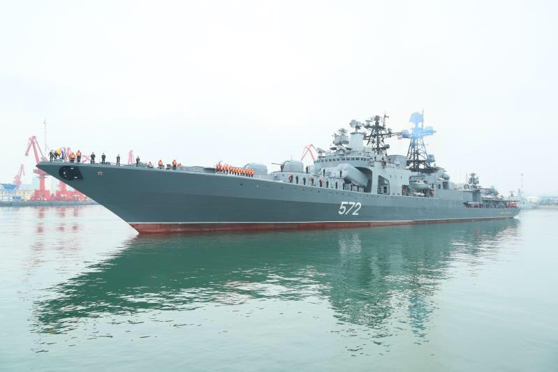 The large anti-submarine ship Admiral Vinogradov of the Russian navy arrives at Qingdao Port for the Sino-Russia Joint Sea 2019 naval exercise on Monday, April 29, 2019. (Photo/China Plus)