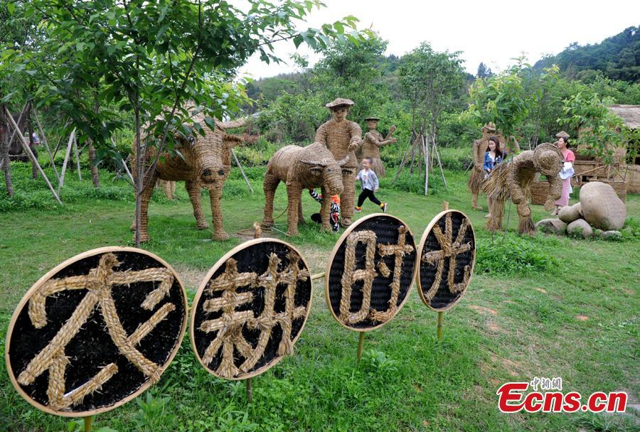 Straw-made creations including an elephant, a kangaroo, a harvester and a tractor in the Huatian Xigu scenic area, known for its rural charms, in Chongqing, April 28, 2019. The eye-catching creations are a particular draw for tourists. (Photo: China News Service/Chen Chao)