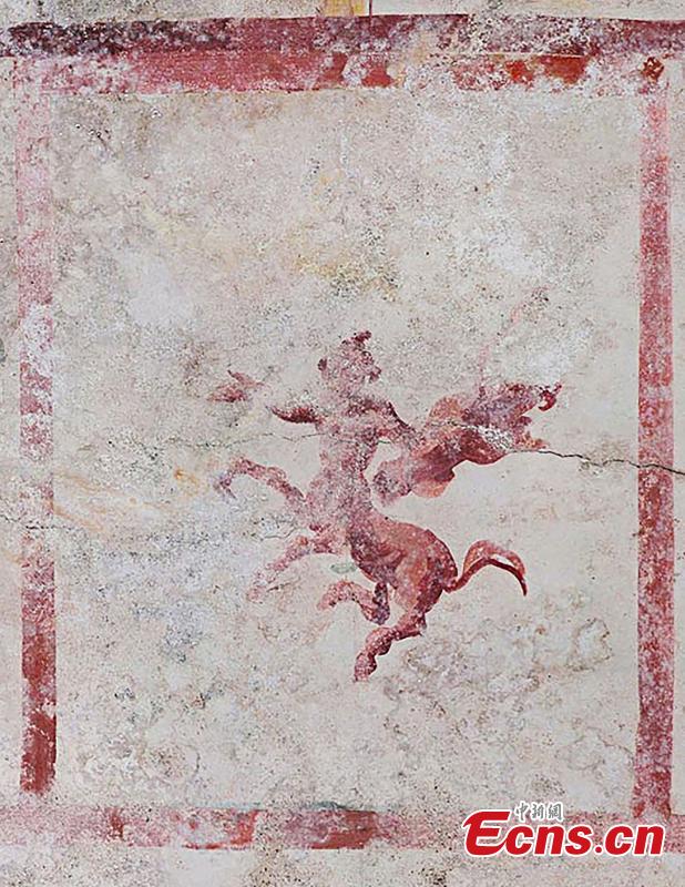 Photo shows paintings on the walls in the newly discovered room of the Nero Domus Aurea, in Rome. (VCG/PARCO ARCHEOLOGICO DEL COLOSSEO)