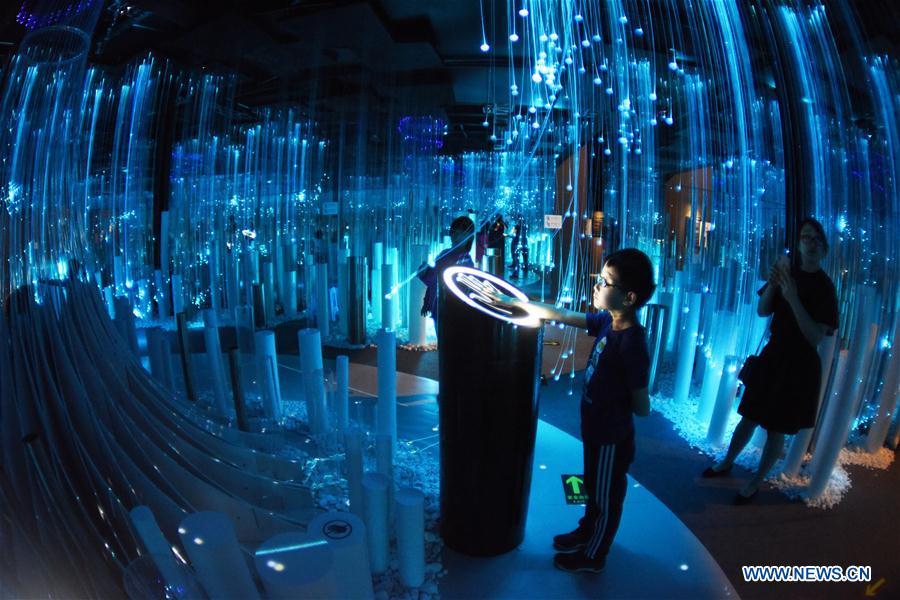 Visitors view the exhibition featuring digital art during China International Big Data Industry Expo 2019 in Guiyang, capital of southwest China\'s Guizhou Province, May 27, 2019. The exhibition is a part of four-day China International Big Data Industry Expo 2019 that kicked off on May 26, 2019. (Xinhua/Yang Wenbin)
