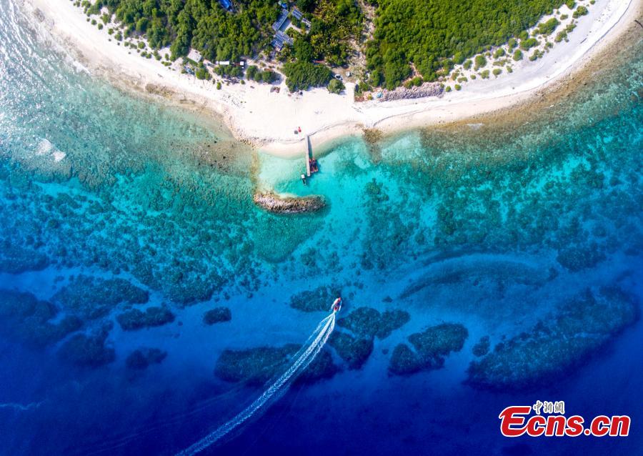A view of Ganquan Island in the Xisha Yongle Islands group in South China\'s Hainan Province, May 22, 2019. Named after a freshwater well, the lush, oval-shaped island covers an area of 0.3 square kilometers. The remains of a settlement dating back to the Tang and Song dynasties was found there in March 1974, and the site was later listed as a national key cultural relics site. (Photo: China News Service/Luo Yunfei)