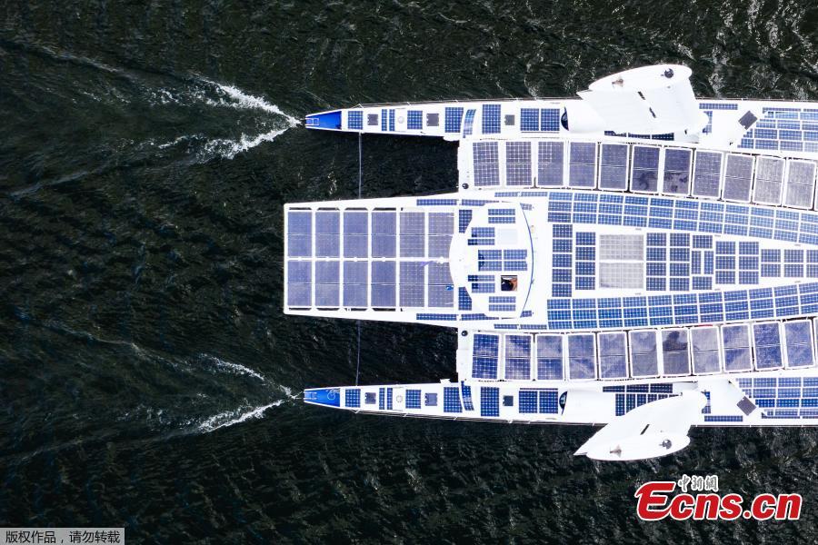 An aerial picture taken on May 28, 2019 shows the self-energy producing multihull \