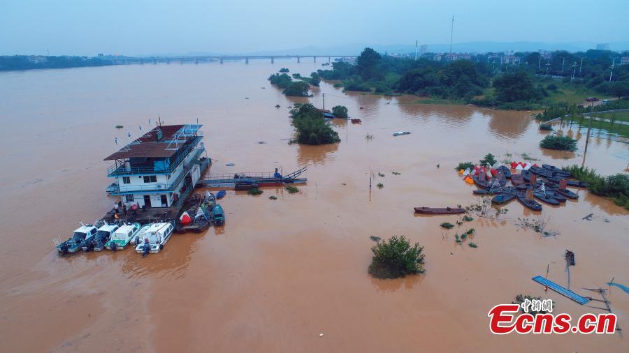After days of strong rain, the Ganjiang River is in flood in Taihe County, East China’s Jiangxi Province, June 12, 2019. Parks and fields in the county were submerged, while roads were closed and electricity supplies cut. (Photo: China News Service/Deng Heping)