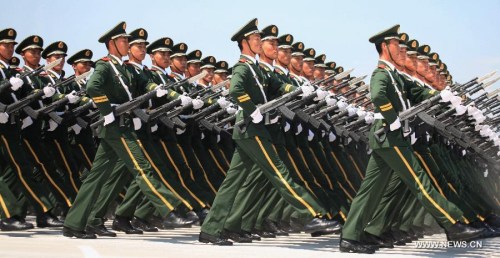 Soldiers take part in a training for a military parade in Beijing, capital of China, July 23, 2015. China will hold a grand military parade on Sept. 3 to mark the 70th anniversary of the victory of the Chinese People's War of Resistance Against Japanese Aggressions and the World Anti-Fascist War. (Xinhua/Tian Feng) Soldiers take part in a training for a military parade in Beijing, capital of China, July 23, 2015. China will hold a grand military parade on Sept. 3 to mark the 70th anniversary of the victory of the Chinese People's War of Resistance Against Japanese Aggressions and the World Anti-Fascist War. (Xinhua/Tian Feng)