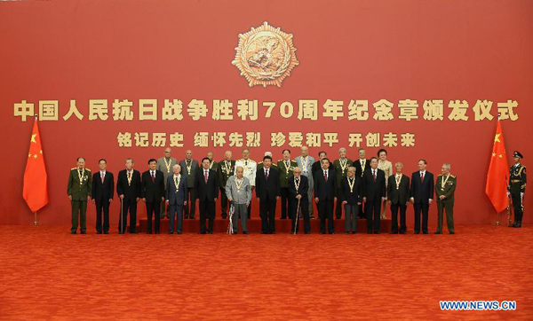 A medal awarding ceremony is held at the Great Hall of the People in Beijing, capital of China, Sept. 2, 2015. Chinese President Xi Jinping on Wednesday granted medals to 30 Chinese and foreign veterans and civilians who fought for China in the World War II. (Photo: Xinhua/Pang Xinglei) A medal awarding ceremony is held at the Great Hall of the People in Beijing, capital of China, Sept. 2, 2015. Chinese President Xi Jinping on Wednesday granted medals to 30 Chinese and foreign veterans and civilians who fought for China in the World War II. (Photo: Xinhua/Pang Xinglei)