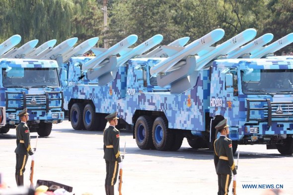 Anti-ship missiles attend the military parade in Beijing, capital of China, Sept. 3, 2015. China on Thursday held commemoration activities, including a grand military parade, to mark the 70th anniversary of the victory of the Chinese People's War of Resistance against Japanese Aggression and the World Anti-Fascist War. (Photo: Xinhua/Chen Fei) Anti-ship missiles attend the military parade in Beijing, capital of China, Sept. 3, 2015. China on Thursday held commemoration activities, including a grand military parade, to mark the 70th anniversary of the victory of the Chinese People's War of Resistance against Japanese Aggression and the World Anti-Fascist War. (Photo: Xinhua/Chen Fei)