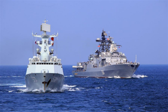 Chinese frigate Huangshan and Russian Navy's Antisubmarine Ship Admiral Tributs sail to a target area during a China-Russia naval joint drill at sea off south China's Guangdong Province, Sept. 16, 2016. (Photo: Xinhua/Zha Chunming) Chinese frigate Huangshan and Russian Navy's Antisubmarine Ship Admiral Tributs sail to a target area during a China-Russia naval joint drill at sea off south China's Guangdong Province, Sept. 16, 2016. (Photo: Xinhua/Zha Chunming)