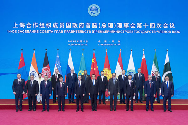 Leaders pose for a group photo at the 14th Shanghai Cooperation Organization (SCO) prime ministers' meeting, in Zhengzhou, capital of central China's Henan Province, Dec 15, 2015. (Photo/Xinhua) Leaders pose for a group photo at the 14th Shanghai Cooperation Organization (SCO) prime ministers' meeting, in Zhengzhou, capital of central China's Henan Province, Dec 15, 2015. (Photo/Xinhua)