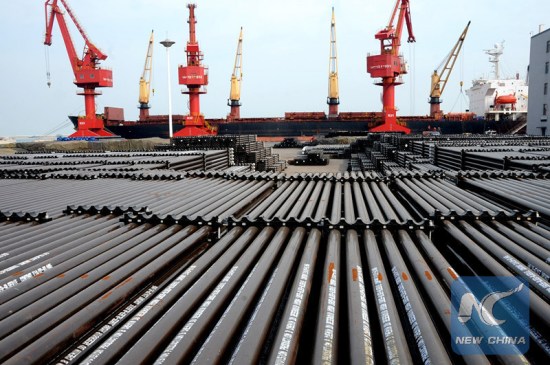 Photo taken on Nov. 1, 2015 show steel pipes at the Lianyungang Port in E China's Jiangsu Province. (Photo/Xinhua) Photo taken on Nov. 1, 2015 show steel pipes at the Lianyungang Port in E China's Jiangsu Province. (Photo/Xinhua)
